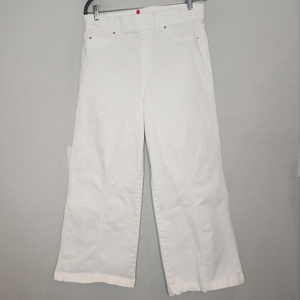 Spanx Wideleg Seamed Front Wide Leg Pull On Stretch White Jeans women's size XL.